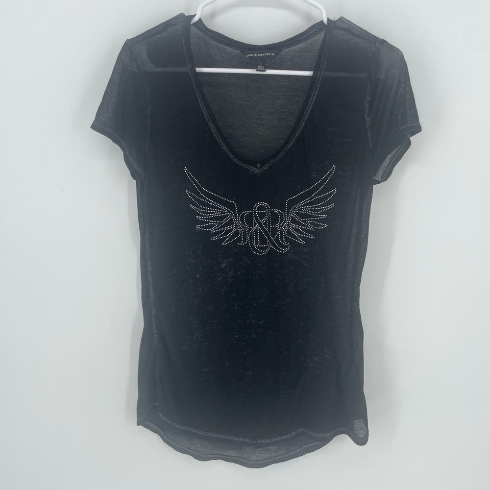 Rock &‎ Republic Burnout Rhinestone Logo Wings Black T-Shirt size S Y2K Style